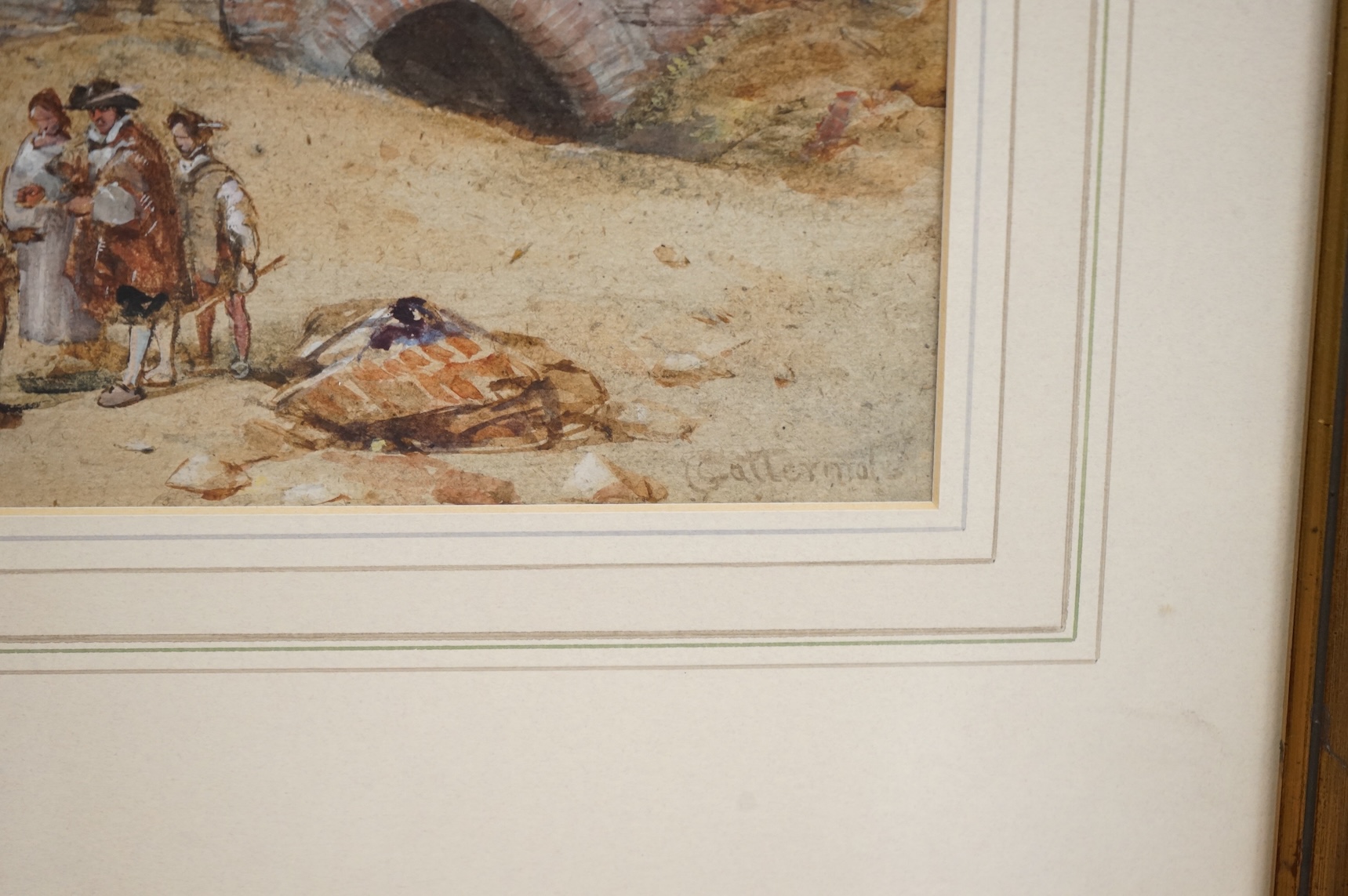 George Cattermole (1800-1868), watercolour, Figures before castle walls, 39 x 28cm